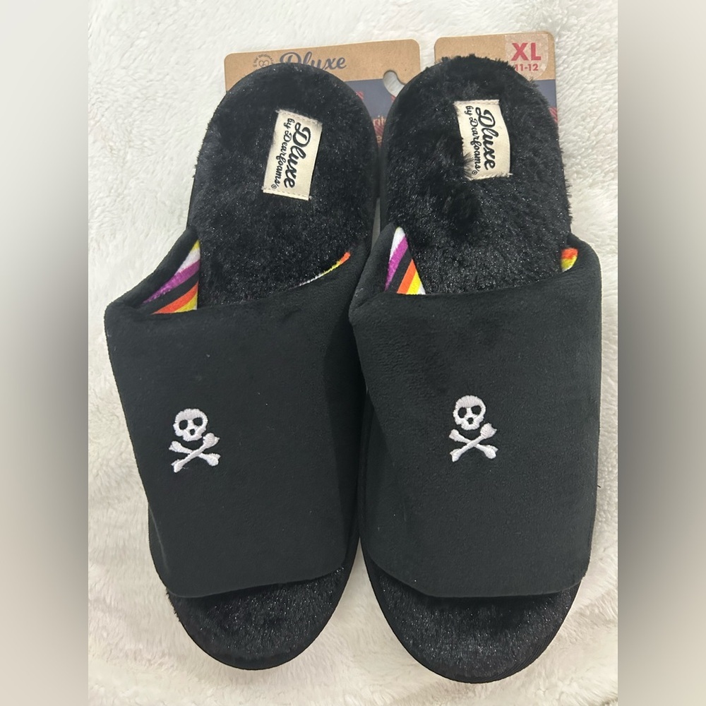 Dearfoams Women’s XL11-12 Black/Multicolor Halloween Memory Foam Slippers NWT